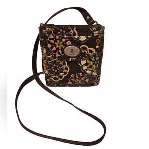 Fossil Women's Key-Per Boho Hippie Dark Brown Floral Canvas Strap Crossbody Bag